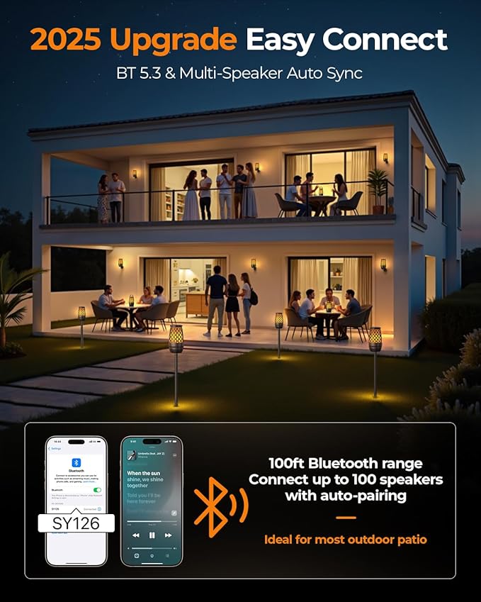 Outdoor Speakers Bluetooth Waterproof IPX6 with Flame Lights, Gadget Gifts for Dad Her Him, Hd Stereo Sound, BT 5.3 Multi-Sync to 100 Speakers, Portable Wireless Speaker for Patio Cafe Decor Party