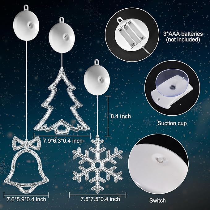 3Pack Christmas Window Lights Decorations with Timer,Battery Powered Christmas Hanging Warm White Lighted Snowflake Tree Bells Shaped LED Sucker for 2026 Xmas Tree Fireplace Indoor Decor