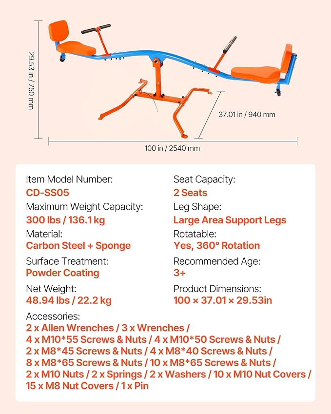 VEVOR Seesaw Teeter Totter for Kids Outdoor, 300 lbs Load Capacity, Sit and Spin Teeter Totter with Easy-Grip Handles, Playground Equipment with Swiveling 360 Degrees Rotating for Children Aged 3+