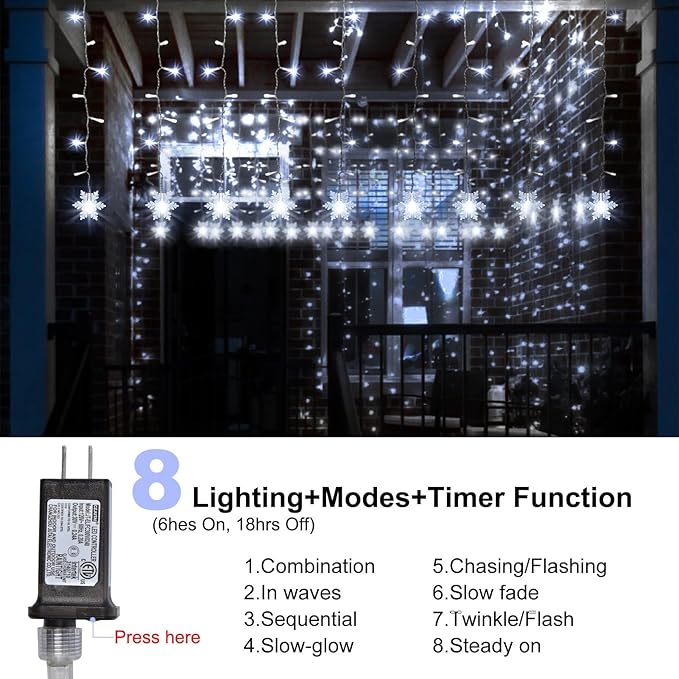 LED Christmas Curtain Lights,Snowflake Lights Decorations with Remote Control,USB Powered 24 Snowflakes 120 LEDs Window String Lights with 8 Modes Decor Christmas Wedding Party Wall Home Decor
