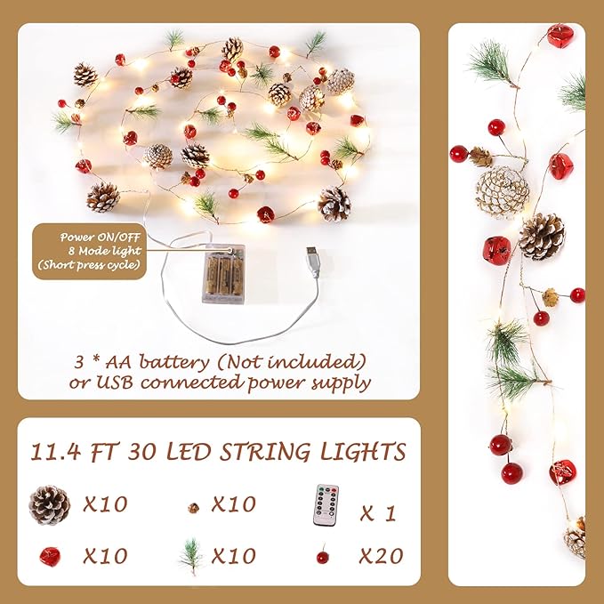 Christmas Garland with String Lights 10 Ft 30 LED Pine Cone Red Berry Bells Garland Lights, Indoor Christmas Decorations for Home and Fireplace Mantel Decor,Christmas Tree Decor (Yellow)