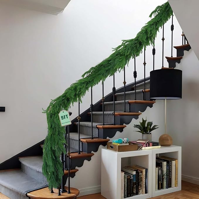 9FT Christmas Norfolk Pine Garland, Greenery Real Touch Decorations for Mantle Table Staircase Fireplace Mantel Porch Banister Holiday Home Winter Faux Xmas Garland Winter Indoor Outdoor Decor