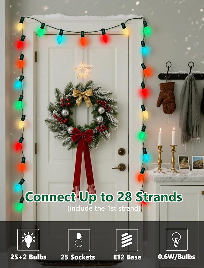C7 LED Colorful Christmas Lights Outdoor, 25Ft Christmas Decorations String Lights with 27 LED C7 Ceramic Multicolor Bulbs, Hanging Vintage Christmas Lights for House Roofline Tree Patio Yard Party