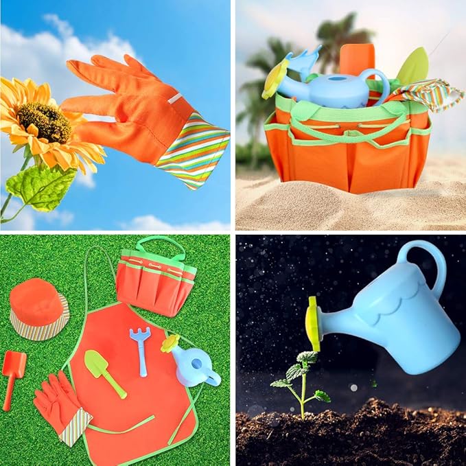 Kids Garden Tools Set with Sun Hat,Gloves,Apron,Storage Bag,Watering can,2pcs of Pots and 3pcs of Tools for Realing Gardening or Sand Outdoor Play