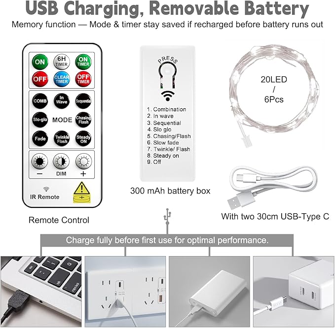 ZSJWL 6 Pack Rechargeable Fairy Lights with Remote & DIY Timer, 7Ft 20LED Mini Battery String Light, Twinkle Silver Copper Wire Lights for Wedding Party Bedroom Christmas Table Decoration (White)