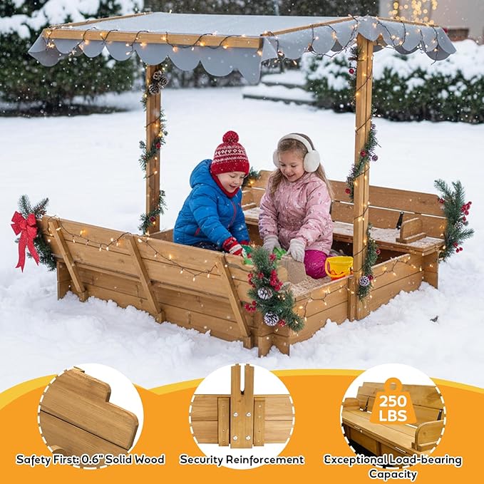 Kids Sandbox with Canopy & 2 Benches - 47 Large Wooden Outdoor Sand Box, Adjustable Weatherproof Cover, Easy-Fold Lid, Gift for Toddlers Ages 2-8, Backyard, Patio