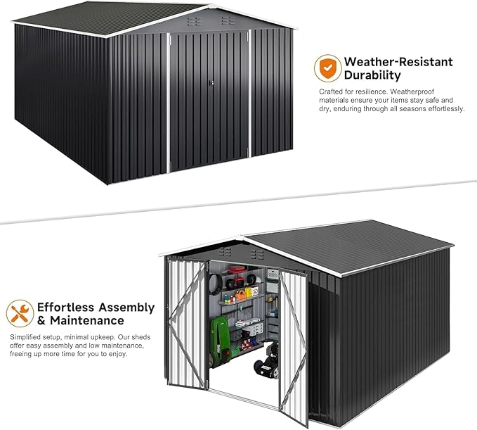 Polar Aurora 10 x 14 FT Outdoor Storage Shed, Metal Garden Shed with with Updated Frame Structure, Tool Sheds for Backyard Garden Patio Lawn, Black