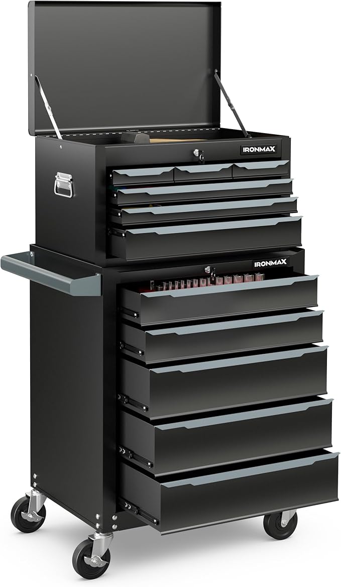 Goplus Rolling Steel Tool Chest, 11-Drawer Heavy-Duty Tool Storage Cabinet with Hanging Holes, Central Keyed Locking System, Ball-Bearing Slides & Lockable Wheels, Tool Box Organizer for Garage