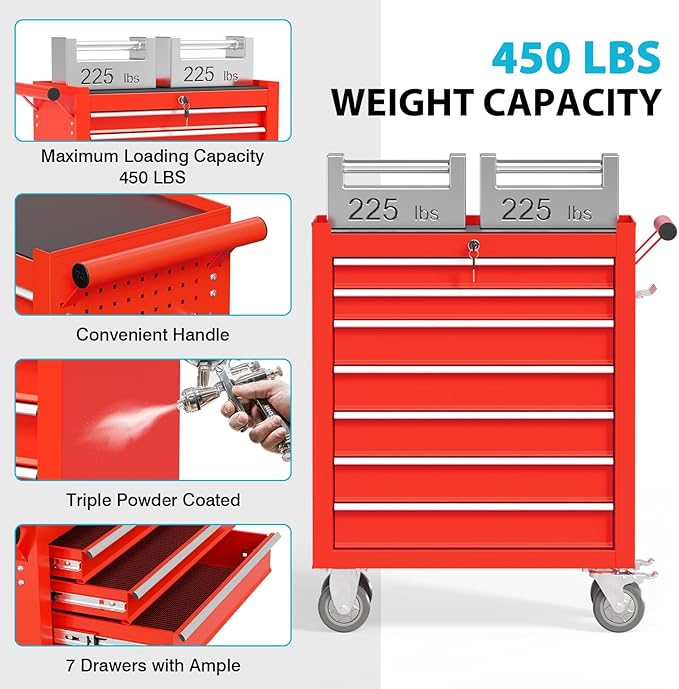 7 Drawers Rolling Tool Box, Portable Storage Tool Chest with Wheels, Toolbox with Lock for Warehouse, Garage, Repair Shop and Tool Room (Red)