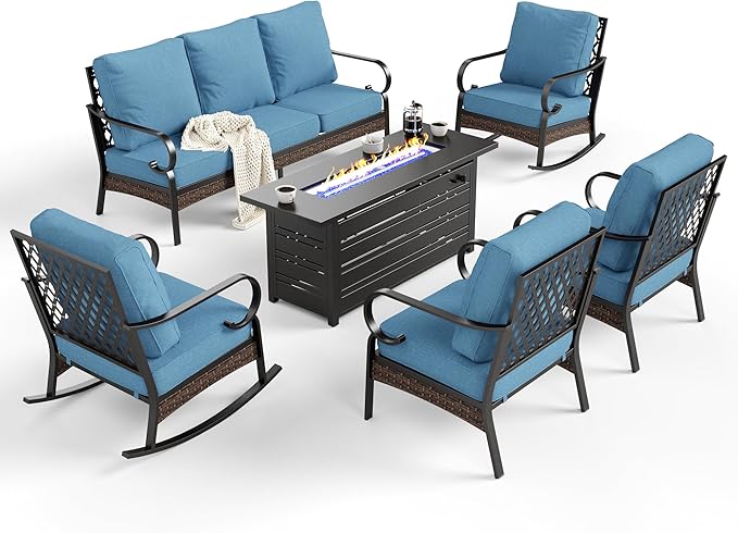 6 Piece Metal Outdoor Patio Furniture Sets with Firepit Table, Patio Conversation Sets 1 3-Seater Sofa, 2 Leg Sofa and 2 Rocking Chair with 5.75" Cushion for Backyard Deck, Denim Blue