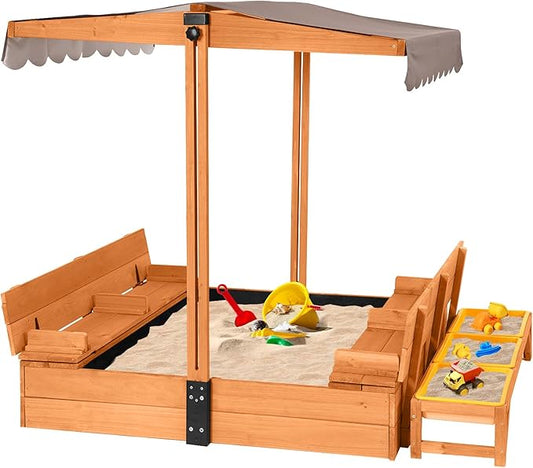 Wooden Sandbox with Cover | Large Sandpit for Kids Outdoor with Adjustable Canopy Backyard Play | w/Movable Toy Bins
