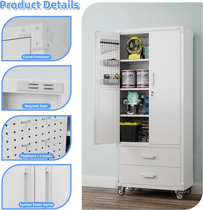 Aobabo Upgraded Metal Garage Storage Cabinet with Wheels and 2 Drawers, Lockable Rolling Tools Cabinet with Pegboards and Hooks,Assembly Required,White