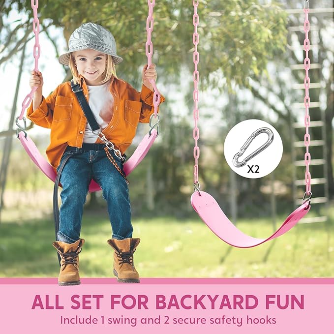 TURFEE Heavy Duty Swing Seat Pink Color with 66¡± Chain, Swing Set Accessories Replacement with Snap Hooks for Kids Outdoor Play Playground