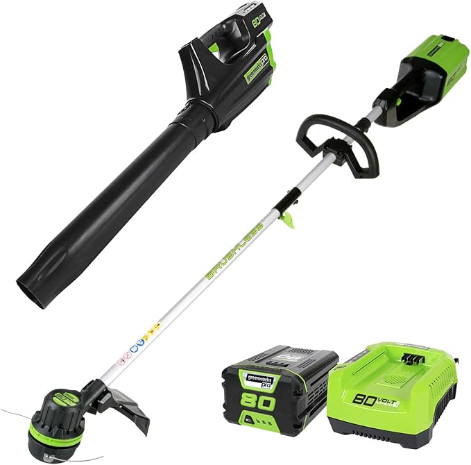 Greenworks 80V Brushless Cordless Yard Tool Combo Kit with 2.0Ah Battery & Rapid Charger ? 16 Dual-Line String Trimmer and 500 CFM / 125 MPH Leaf Blower, Variable Speed, 4-Year Warranty