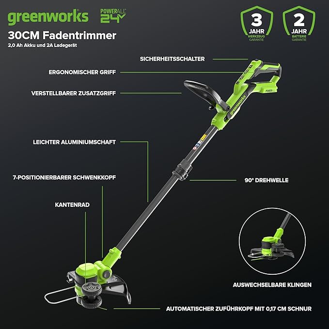Greenworks 24V 12 Cordless String Trimmer/Edger (Includes 20 Blades), 4.0Ah Battery and Charger Included