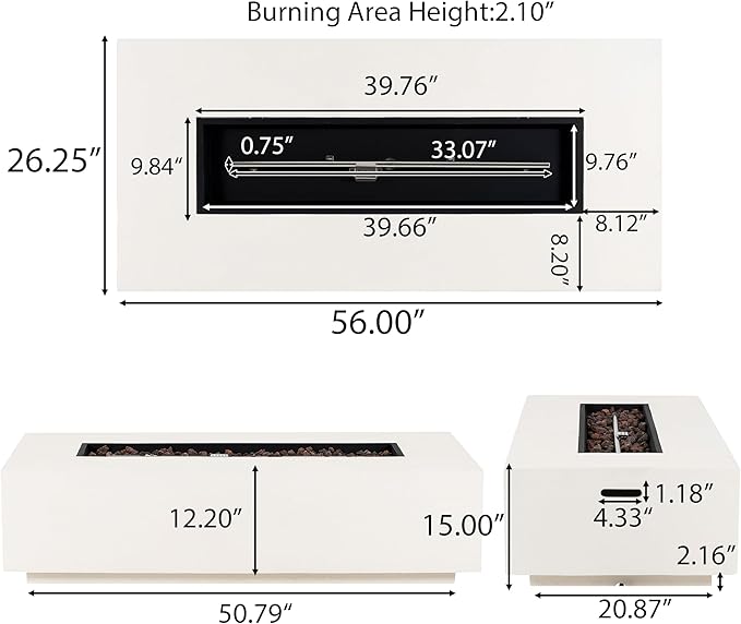 Merax 56 Rectangular MGO Propane Fire Pit Table, 50,000 BTU Outdoor Patio Heater with Modern Concrete Design for Backyard, Deck, Garden (Tank Cover Not Included), White