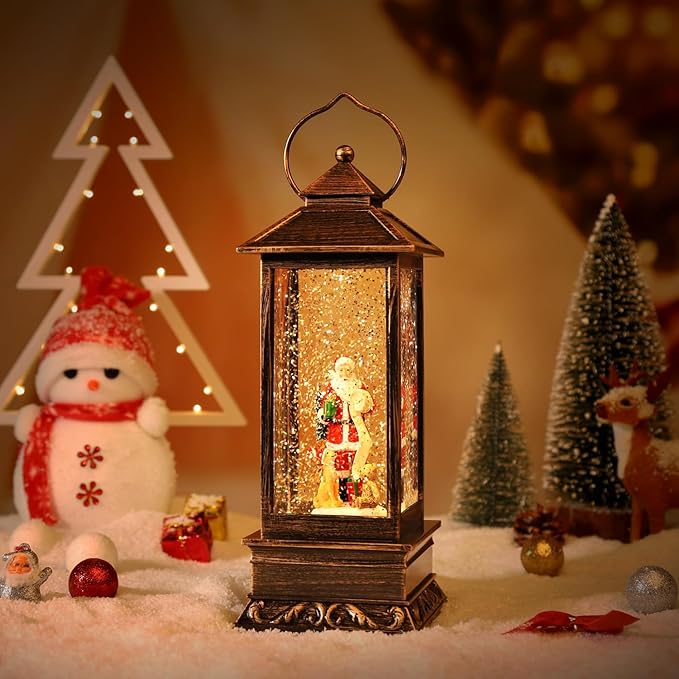 Christmas Snow Globe Lantern Christmas Decorations, Xmas Gifts Christma Vintage Home Decor Indoor,Sparkling with Music 6H Timer, Holiday Party Gifts (Santa Claus Red)