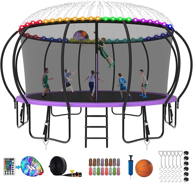 SKYUP 2026 Upgraded 8 10 12 14 15 16 FT 1500lbs Tranpoline for Kids and Adults with Light+Sprinkler+Socks, Recreational Tranpoline with Basketball Hoop, Ladder, ASTM Approved Tranpoline for 7-10 Kids
