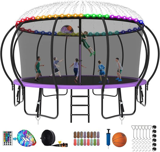 SKYUP 2026 Upgraded 8 10 12 14 15 16 FT 1500lbs Tranpoline for Kids and Adults with Light+Sprinkler+Socks, Recreational Tranpoline with Basketball Hoop, Ladder, ASTM Approved Tranpoline for 7-10 Kids