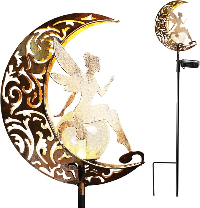 YJFWAL Garden Solar Lights Pathway Stake Lights Moon Fairy Glass Globe with Angel Decor, Gifts for Mom Grandma Friends, Outdoor Decor Light Waterproof for Walkway, Yard, Patio or Garden (Warm White)
