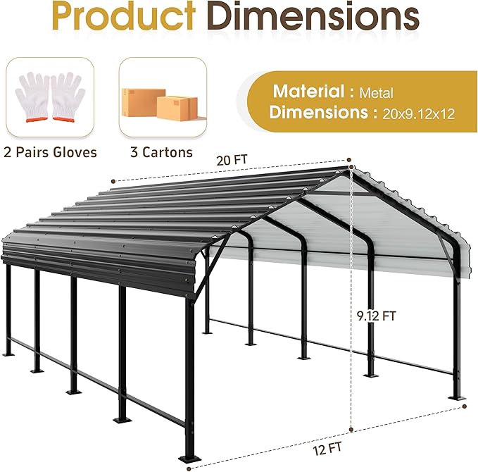 JAMFLY Carport, Heavy Duty Carport Canopy with Galvanized Steel Roof and Frame, Metal Car Garage Upgraded Extra Large Garage for Pickup, Boat, Car and Tractors, 12x20FT