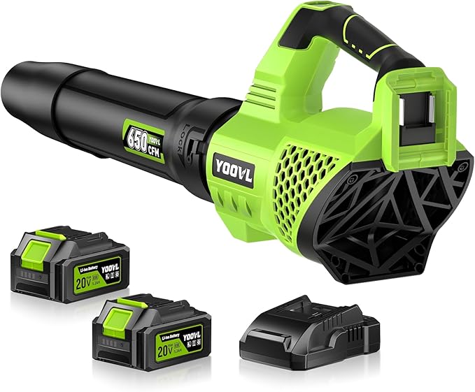 Leaf Blower Cordless, 650CFM Electric Leaf Blowers with 2 x 5.2Ah Batteries and Charger, 3 Speed Modes, 1 x Adjustable Shoulder Strap, Powerful Blowers for Lawn Care, Patio, Dust, Blowing Leaves