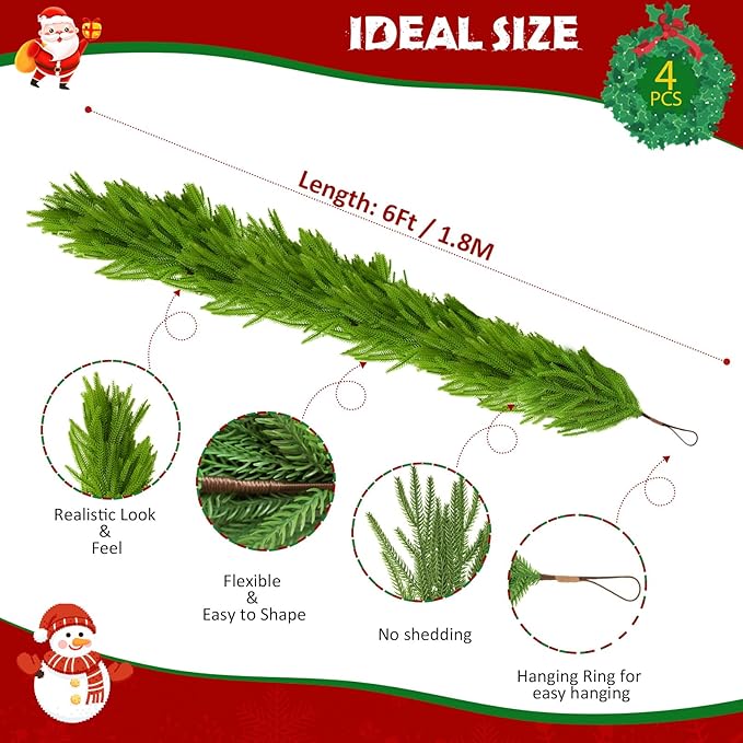 4-Pack Christmas Garland 6FT Artificial Norfolk Pine Garlands Realistic Greenery Faux Pine Garland Real Touch Christmas Decorations Indoor Outdoor for Mantel/Table/Stairs/Wall/Windows Holiday Decor