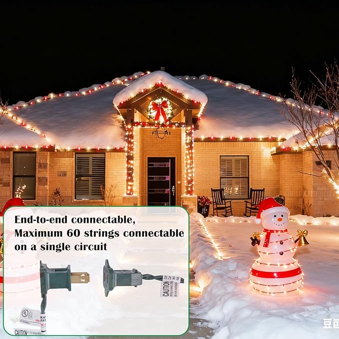 C9 LED Outdoor Christmas Lights,C9 String Lights with Quick Clips,for Xmas House Roof Gutter,Plug in & Connectable,66FT 100 Light,Red & Warm White