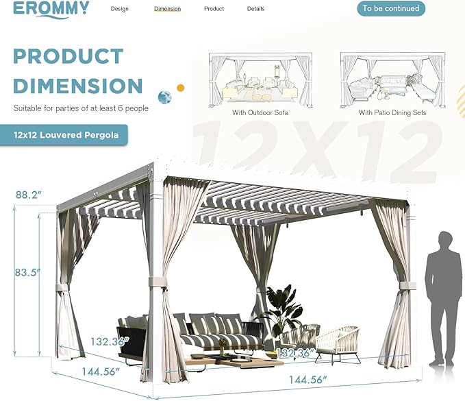 EROMMY Louvered Pergola 12' x 12' Outdoor Hard Top Pergola with Aluminum Frame and Adjustable Metal Rainproof Roof for Garden & Patio, Curtains and Netting Included, White