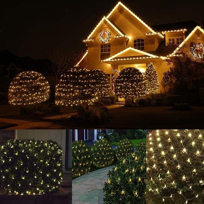 LED Christmas Net Lights Outdoor Decorations for Bushes,144LED 6ftx6ft Connectable Green Wire Net Christmas Lights for Outdoor Indoor Yard Mesh Shrub Tree Decor,UL Certified(Warm White)