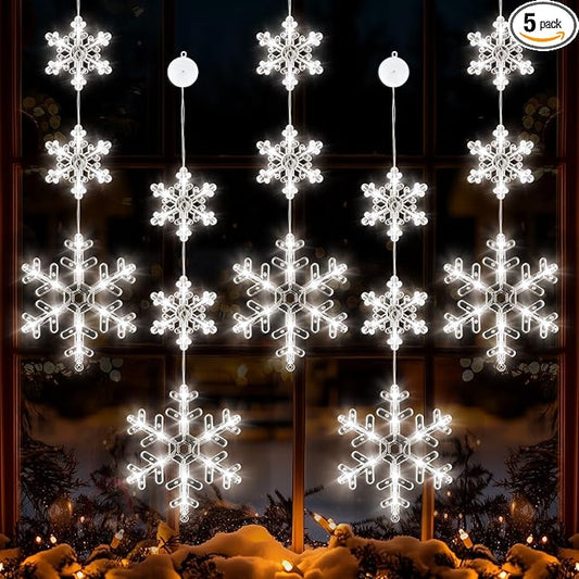 5Pcs Christmas Window Lights, Battery Powered Twinkle Lights Christmas Decorations Indoor Outdoor for Wall Door Porch Balcony Glass Decor with Suction Cup & Timer
