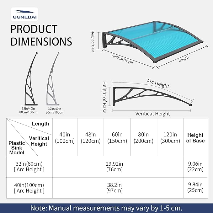 Awning for Door Entrance,32x40 inches Window Awnings for Doors Canopy Polycarbonate Cover Patio Door Awning UV Rain Snow Sunlight Protection Hollow Shee