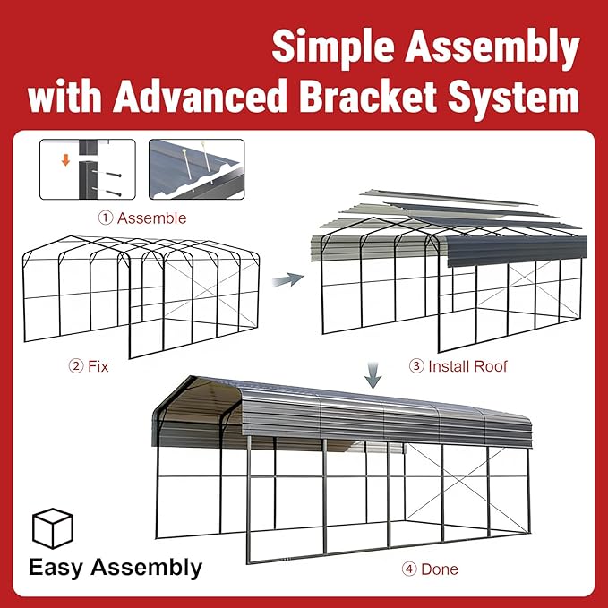 KoreJetMetal11x20FT Heavy-Duty Galvanized Metal Carport, All-Steel Car Ports Vehicle Shelter, Outdoor Car Canopy for Cars Trucks SUVs Boats RVs, Large Car Shed for Driveway Backyard Storage