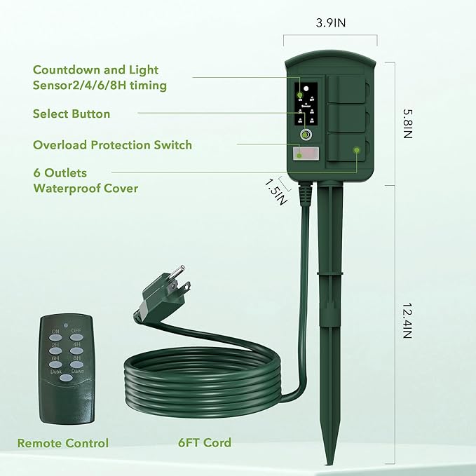 BN-LINK Outdoor Power Stake with Dusk to Dawn Timer, Waterproof 6 Grounded Outlets, 6FT Cord, 100FT Remote Control, Heavy Duty Outdoor Plug for Christmas Lights, Yard, Garden, ETL Listed