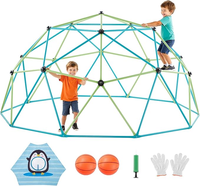 VEVOR Climbing Dome, 10FT Geometric Dome Climber for Kids, 1000LBS Loading Jungle Gym Playground with Octopus Net & 2 Basketballs, Easy-Assembly Outdoor Backyard Climbing Toys - Gift for Boys Girls