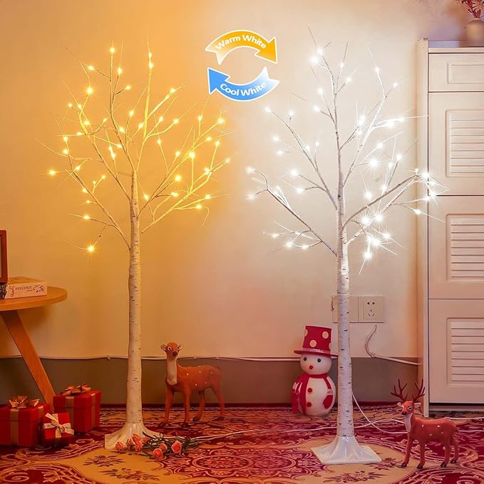 2-Pack 4FT Lighted Birch Tree (Higher Size & Floor Standing), 96 LED Color Changing Birch Christmas Tree Lights for Outdoor 2 Modes Twinkling Christmas Decorations Indoor (Warm White ⇋ Cool White)