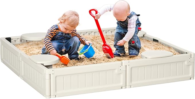 Outsunny Kids Outdoor Sandbox with Cover Garden Bed Sand Pit, Easy Assembly Children's Square Sandbox for Backyard, Cream White, 48.5 x 48.5 x 8.25