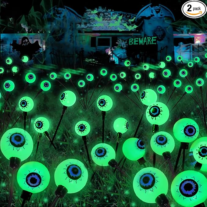 YIQU 2 Pack Halloween Outdoor Decorations Solar Eyeball Lights, 12 LED Green Eyeball Swaying Firefly Light with 2 Lighting Modes, Halloween Decor Waterproof for Patio Yard Lawn Graveyard Props