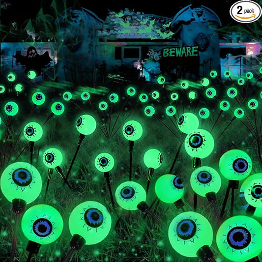 YIQU 2 Pack Halloween Outdoor Decorations Solar Eyeball Lights, 12 LED Green Eyeball Swaying Firefly Light with 2 Lighting Modes, Halloween Decor Waterproof for Patio Yard Lawn Graveyard Props