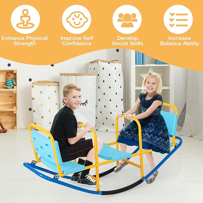 GLACER Teeter Totter Seesaw for Kids, 3-Person Metal Rocking Seesaw for Boys Girls Ages 3-8, 2 in 1 Indoor Outdoor Rocker Toy with Easy-Grip Handles, Playground Equipment for Backyard (Blue)