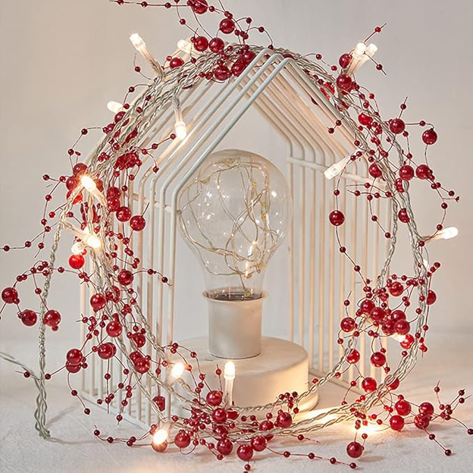 OVV Christmas Decorations 13FT Pearl Garland String Lights 40LED Festive Lighted Berry Beaded Indoor Xmas Decor Warm Lights for Bedroom Mantel Wedding Party Battery Operated (Red)