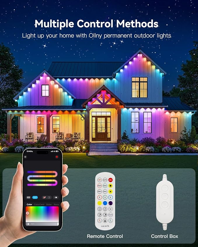 Ollny 100FT 60LED Permanent Outdoor Lights, APP Control RGB Outdoor Lights 100 Scene Modes with Remote, DIY Music Modes Christmas Light for Holiday Xmas Halloween Decorations