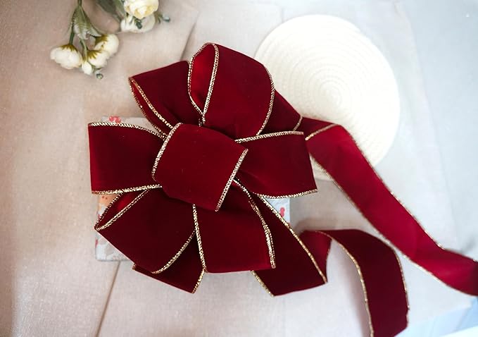 CT Craft Christmas Handmade Tree Topper Bow 10" X 26" X 12 PCS Burgundy/Red Wine Velvet Ribbon Gold Wired Edge for Tree Topper Wreath Indoor Outdoor Holiday Decoration