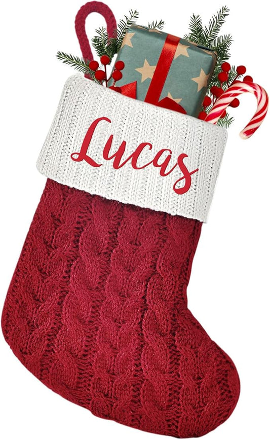 Mini Custom Christmas Stockings with Names - 6" W x 7" L Burgundy Red Personalized Christmas Stockings, Kids Family Small Knitted Xmas Stocking for Fireplace Decoration, 1 Pack