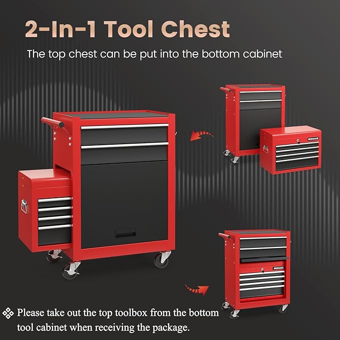 IRONMAX Rolling Tool Chest, 6-Drawer Lockable Tool Cabinet w/ 4 Universal Wheels, 2 in 1 Detachable Tool Box Storage Organizer for Garage Workshop Repair Shop (6-Drawer, Black & Red)