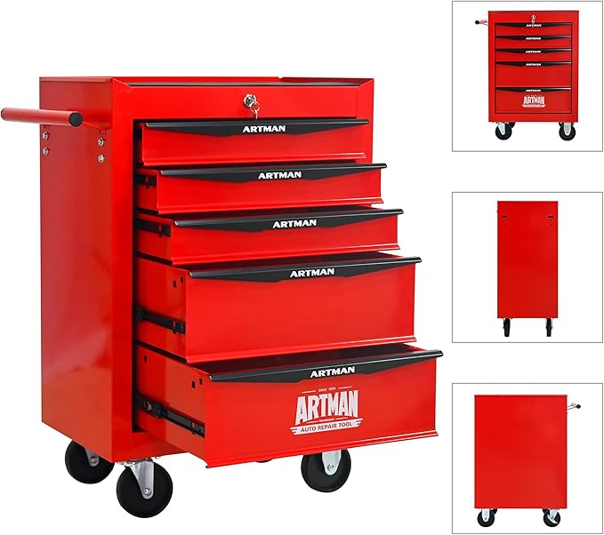 RYH 5 Drawers Rolling Tool Chest - Heavy Duty Mobile Tool Cart with Locking Wheels & Ball Bearing Drawers, ?30.5 H x 20.9 W x 13 D Garage Tool Storage Cabinet (Red, 5 Drawers)