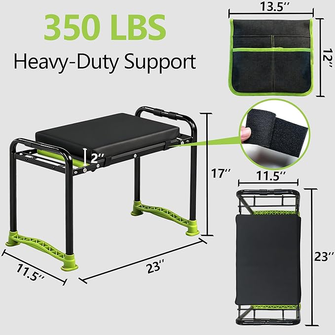 Garden Kneeler and Seat, Heavy Duty Garden Stool with 11 Wide Detachable Kneeling Pad, Foldable Garden Bench Chair with 2 Gardening Tool Pouches, Gardening Gifts for Women, Seniors