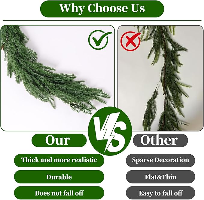 Christmas Garland of Artificial Norfolk Pine 2 Pcs 6 FT Christmas Decorations Indoor of Real Touch Garland with Bells Green Greenery Garland for Table Mantle Wall Stairs Home Outdoor （Green）