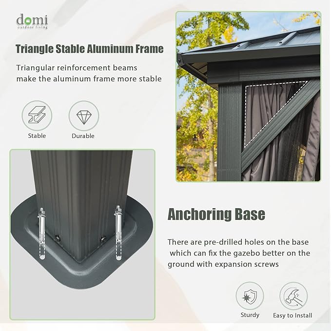 Domi 12’ x 14’ Hardtop Gazebo Canopy Outdoor Aluminum Gazebo, Galvanized Steel Double Roof with Netting for Deck, Backyard, Patio, Garden