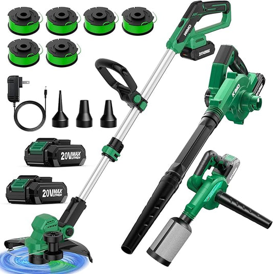 KIMO Weed Wacker and Blower Combo with 2 x 2.0Ah Battery & Charger, 12 Inch Electric Weed Eater w/6pcs Line Spools, 4-in-1 Leaf Blower Cordless w/Vacuum, 3 Nozzles & 20 Extended Tube for Yard, Garden